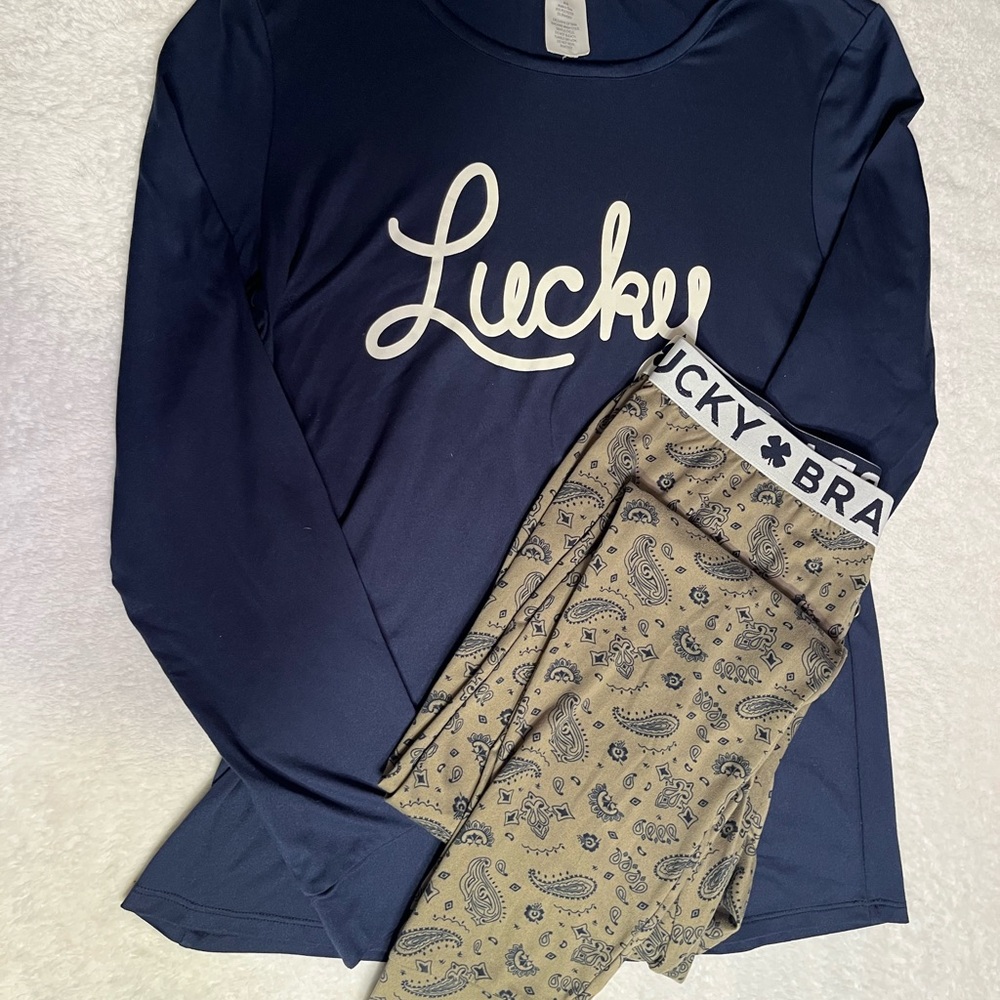 Lucky Brand Women’s S 2 Pc Pajama Set Navy “Lucky” Top Paisley Leggings Lounge
